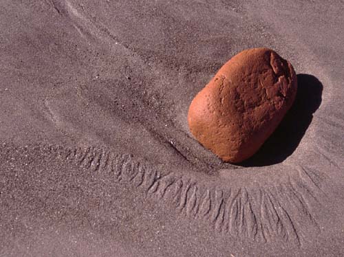 Ein rundgelutschter Ziegelstein am Strand